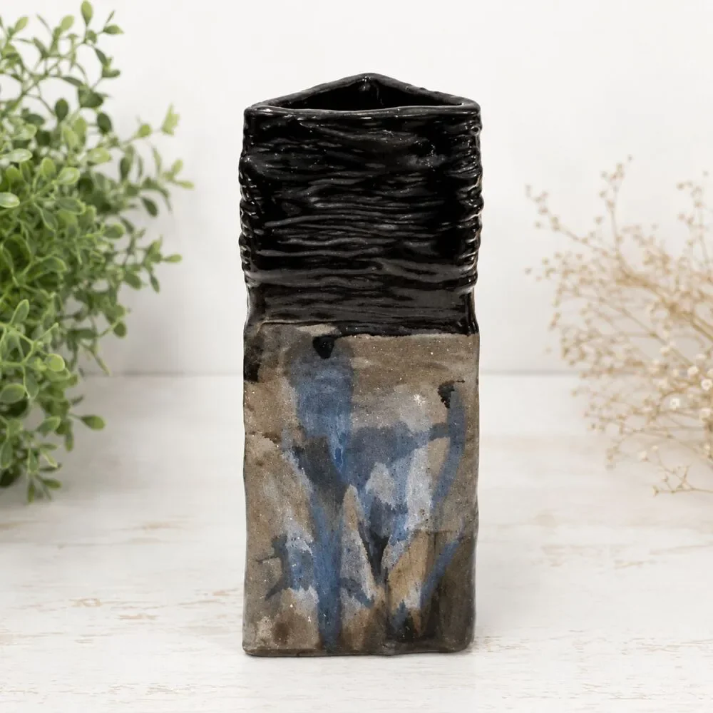 Vintage Glazed Triangular Studio Art Pottery Vase Handmade 10 Inch